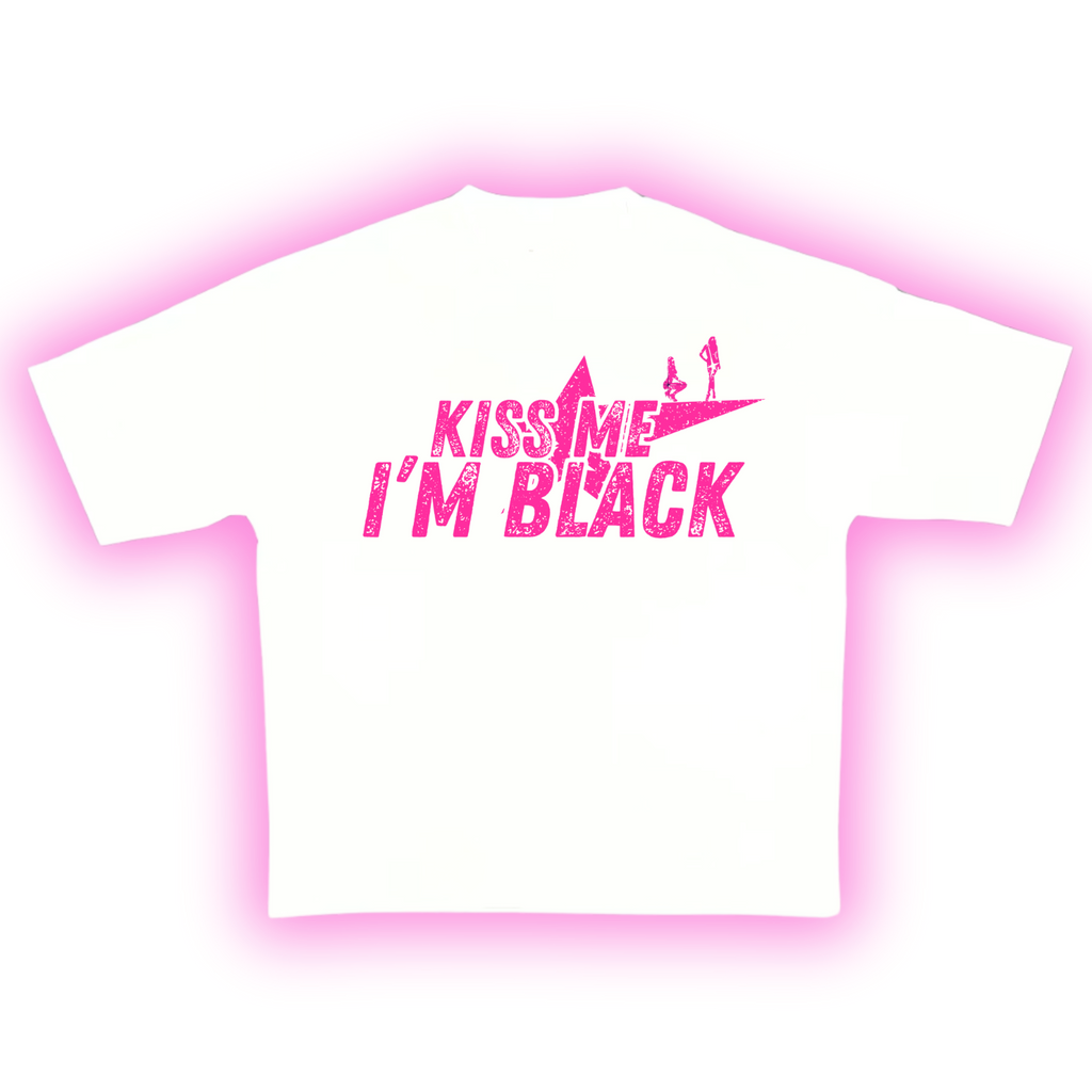 "KISS ME I'M BLACK"  White & Pink Boxy Heavyweight Tee
