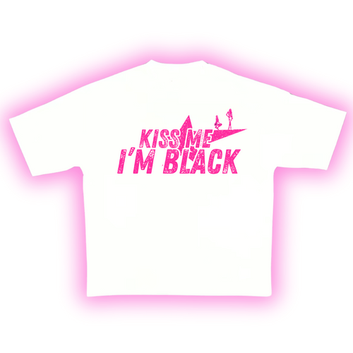 "KISS ME I'M BLACK"  White & Pink Boxy Heavyweight Tee